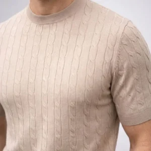 Erkek Yazlık Triko Saç Örgü Tişört Kısa Kol Polo Yaka Fermuarlı T-Shirt - Siyah