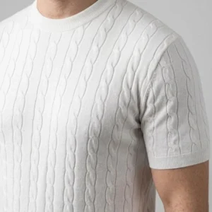 Erkek Yazlık Triko Dokuma Tişört Kısa Kol Bisiklet Yaka Örgü Desenli T-Shirt - Beyaz