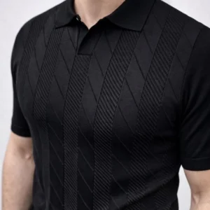 Erkek Yazlık Triko Dokuma Tişört Kısa Kol Polo Yaka T-Shirt - Siyah