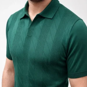Erkek Yazlık Triko Dokuma Tişört Kısa Kol Polo Yaka T-Shirt - Koyu Yeşil