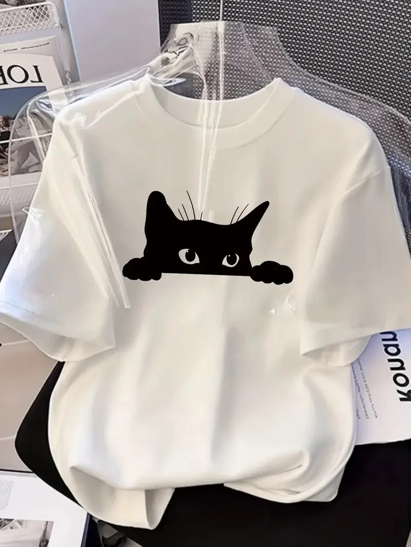 Kadın Siyah Kedi Baskılı Oversize T-Shirt - Beyaz