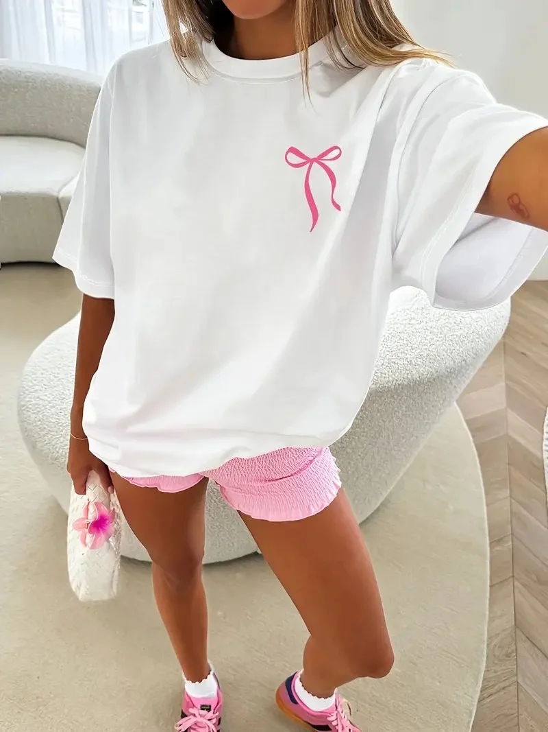 Kadın Fiyonk Baskılı Oversize T-Shirt - Beyaz