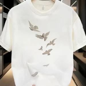 Erkek Özgür Kuşlar Baskılı T-Shirt - Beyaz