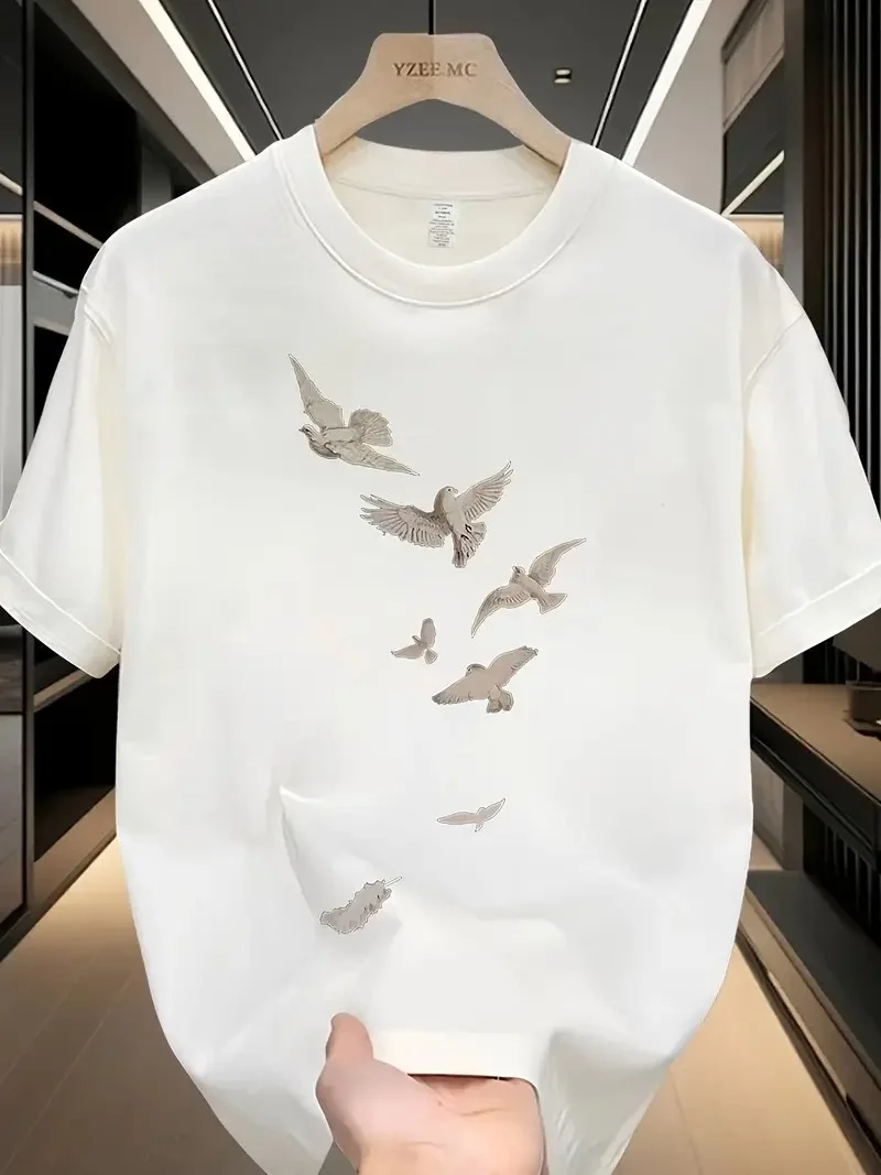 Erkek Özgür Kuşlar Baskılı T-Shirt - Beyaz