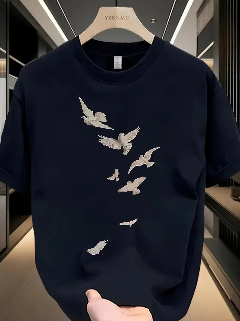 Erkek Özgür Kuşlar Baskılı T-Shirt - Beyaz