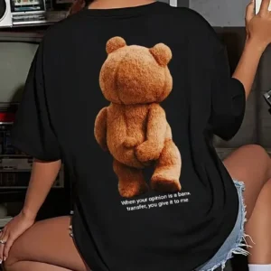 Kadın Büyük Boy Ayıcık Baskılı T-Shirt - Siyah