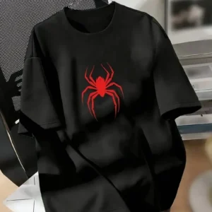 Kadın Kısa Kol Yazlık Tişört Bisiklet Yaka Spider Baskılı T-Shirt - Siyah