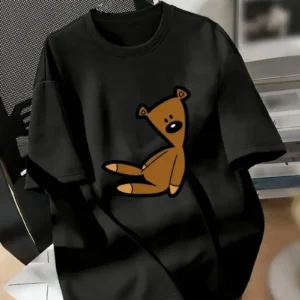 Kadın Ayı Baskılı Oversize T-Shirt - Siyah