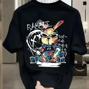Erkek Tavşan Baskılı T-Shirt - Siyah