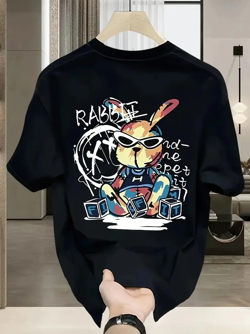 Erkek Tavşan Baskılı T-Shirt - Siyah
