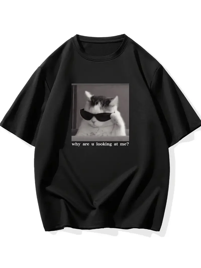 Erkek Komik Kedi Baskılı T-Shirt - Siyah