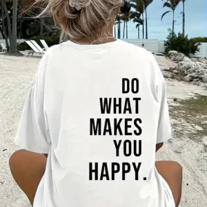 Kadın Kısa Kol Yazlık Tişört Bisiklet Yaka Baskılı Oversize T-Shirt - Beyaz