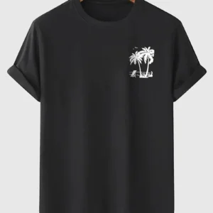 Erkek Palmiye Baskılı T-Shirt - Siyah
