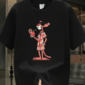 Erkek Pembe Panter Baskılı T-Shirt - Siyah