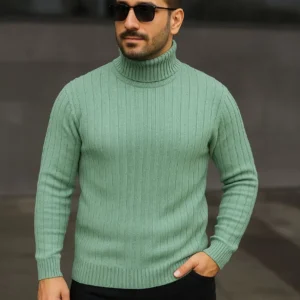Erkek Tam Boğazlı Balıkçı Yaka Triko Kazak Kalın Fitilli - Mint Yeşili