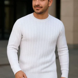 Erkek Bisiklet Yaka Triko Kazak Pamuklu Kalın Fitilli Dokuma Regular Fit - Beyaz