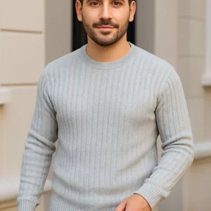 Erkek Bisiklet Yaka Triko Kazak Pamuklu Kalın Fitilli Dokuma Regular Fit - Gri