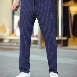 Erkek Cizgili Dokuma Krep Jogger Buggy Pantalon Rahat kalıp - Lacivert
