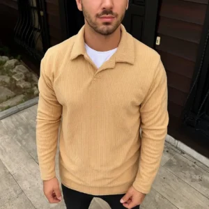 Erkek Fitilli Polar Sweatshirt Düğmesiz Yaka Oversize - Bej