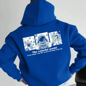 Erkek Baskılı Kapüşonlu Cepli Hoodie 3 İplik Pamuklu Sweatshirt - Saks Mavisi