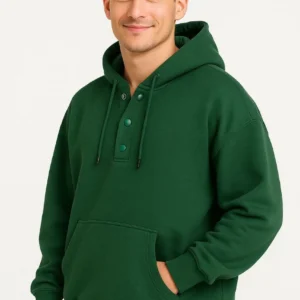 Erkek Kapüşonlu Hoodie Cepli Çıtçıtlı 3 İplik Pamuklu Sweatshirt - Haki