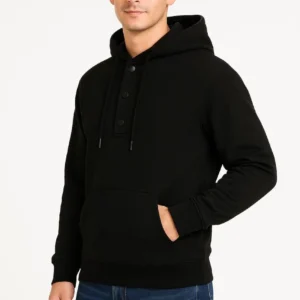 Erkek Kapüşonlu Hoodie Cepli Çıtçıtlı 3 İplik Pamuklu Sweatshirt - Siyah