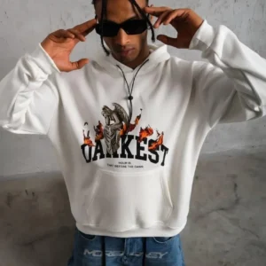 Erkek Kapüşonlu Kanguru Cepli Sweatshirt 3 İplik Pamuklu Baskılı Hoodie - Beyaz