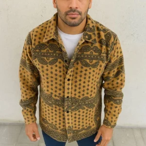 Erkek Düğmeli Gömlek Polar Sweatshirt Yumuşak Dokulu Oversize Kalıp -Sarı