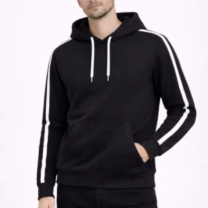 Erkek Şeritli Kapüşonlu Sweatshirt Oversize 3 iplik Pamuklu Hoodei - Siyah
