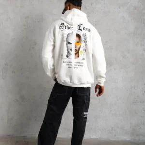 Erkek Kapüşonlu Kanguru Cepli Sweatshirt 3 İplik Pamuklu Baskılı Hoodie - Beyaz