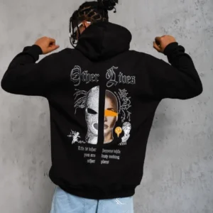 Erkek Kapüşonlu Kanguru Cepli Sweatshirt 3 İplik Pamuklu Baskılı Hoodie - Siyah