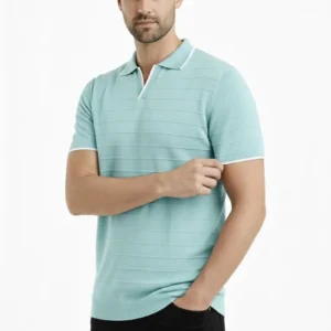Erkek Yazlık Dokuma Triko Tişört Düğmesiz Polo Yaka Kısa Kol T-Shirt - Mint yeşili