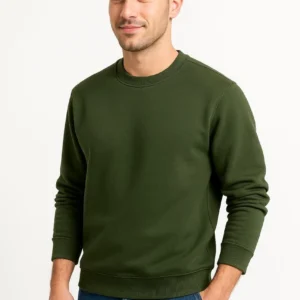 Erkek 3 İplik Pamuklu Düz Bisiklet Yaka SweatShirt - Haki