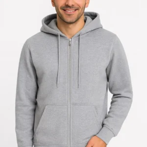 Erkek 3 İplik Pamuklu Kapüşonlu Tam Fermuarlı Cepli Hoodie Sweatshirt - Gri