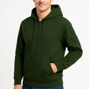 Erkek 3 İplik Pamuklu Kapüşonlu Tam Fermuarlı Cepli Hoodie Sweatshirt - Haki