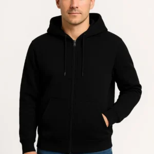Erkek 3 İplik Pamuklu Kapüşonlu Tam Fermuarlı Cepli Hoodie Sweatshirt - Siyah