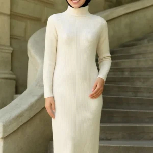 Kadın Tesettür Triko Elbise Boğazlı Uzun Fitilli Dokuma Esnek Tam Kalıp 130 cm - Beyaz