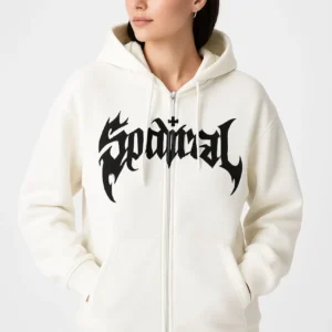 Kadın Kapüşonlu 3 İplik Pamuklu Önü Baskılı Fermuarlı Oversize Hoodie Sweatshirt - Beyaz