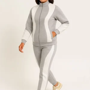 Kadın Premium Parçalı Eşofman Alt-Üst Takım - Dik Yaka Fermuarlı Sweatshirt - Gri