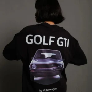 Kadın Oversize Tişört Golf GTI Retro Araba Baskılı T-shirt- Siyah
