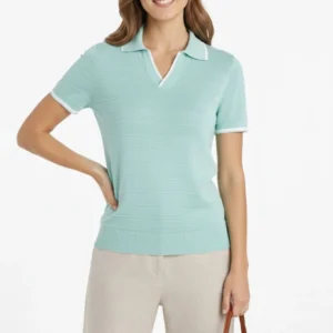 Kadın Yazlık Dokuma Triko Tişört Düğmesiz Polo Yaka Kısa Kol T-Shirt - Mint Yeşili