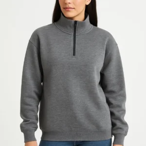 Kadın 3 İplik Pamuklu Dık Yaka Yarım Fermuarlı SweatShirt - Antrasit