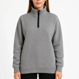 Kadın 3 İplik Pamuklu Dık Yaka Yarım Fermuarlı SweatShirt - Gri
