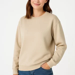 Kadın 3 İplik Pamuklu Düz Bisiklet Yaka SweatShirt - Bej