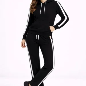 Kadın Yandan Şeritli Eşofman Takım 3 İplik Kapüşonlu Sweatshirt Boru Paça - Siyah