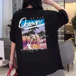Kadın Kısa Kol Yazlık Tişört Bisiklet Yaka Okyanus Baskılı T-Shirt - Siyah
