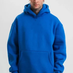 Erkek Oversize 3 İplik Pamuklu Kapüşonlu Kanguru Cepli Hoodie Sweatshirt - Saks Mavisi