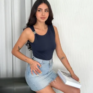 Kadın Osy Modal Yumuşak Dokulu Bisiklet Yaka Sıfır Kol Bluz Omuz Toka Aksesuar - Lacivert