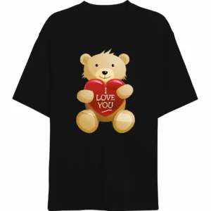 14 Şubat Tişört Sevgililer Günü İçin Özel Tasarım I Love You Ayı Baskılı T-shirt - Siyah