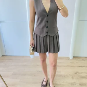 Kadın Keten Takım Görünümlü Düğme Detaylı Yelekli Mini Elbise - Füme